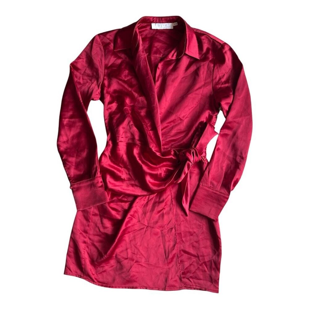 ASTR cherry red satin faux-wrap mini shirt dress XS